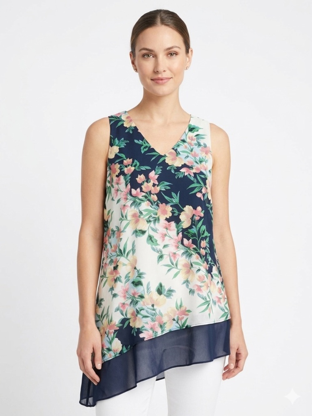 Zac & Rachel Navy and Cream Floral V-Neck Layered Tank Blouse, Size XL, EUC